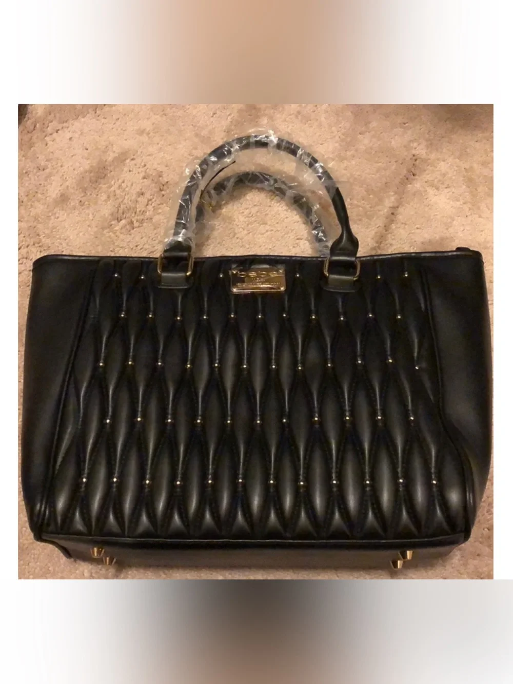 Bebe Diamanda Studded Quilted Zipper Tote Bag Black. NWT